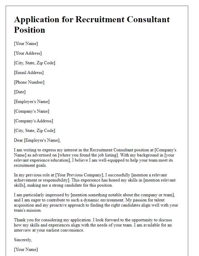 Letter template of application for recruitment consultant role