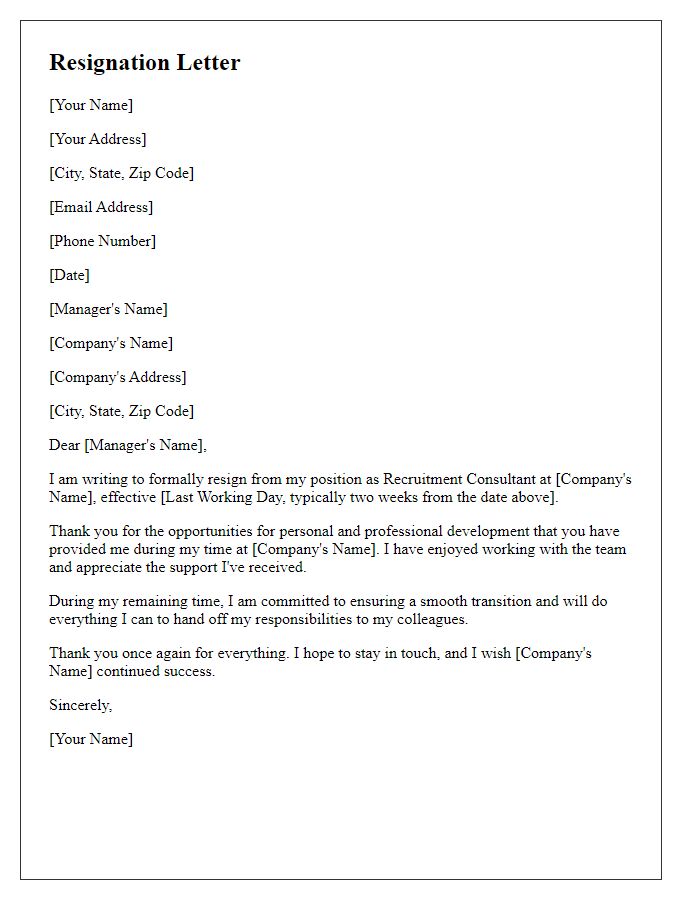 Letter template of resignation from recruitment consultant role