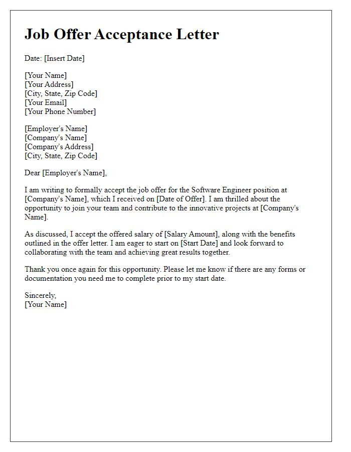 Letter template of acceptance for software engineer job offer.