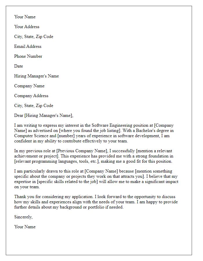 Letter template of application for software engineering position.