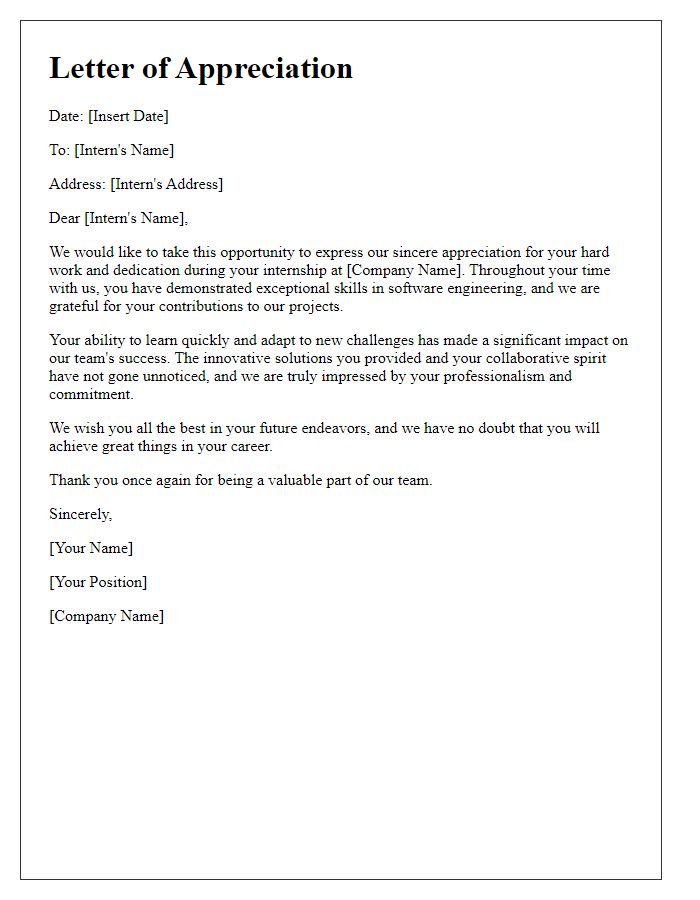 Letter template of appreciation for software engineering internship.