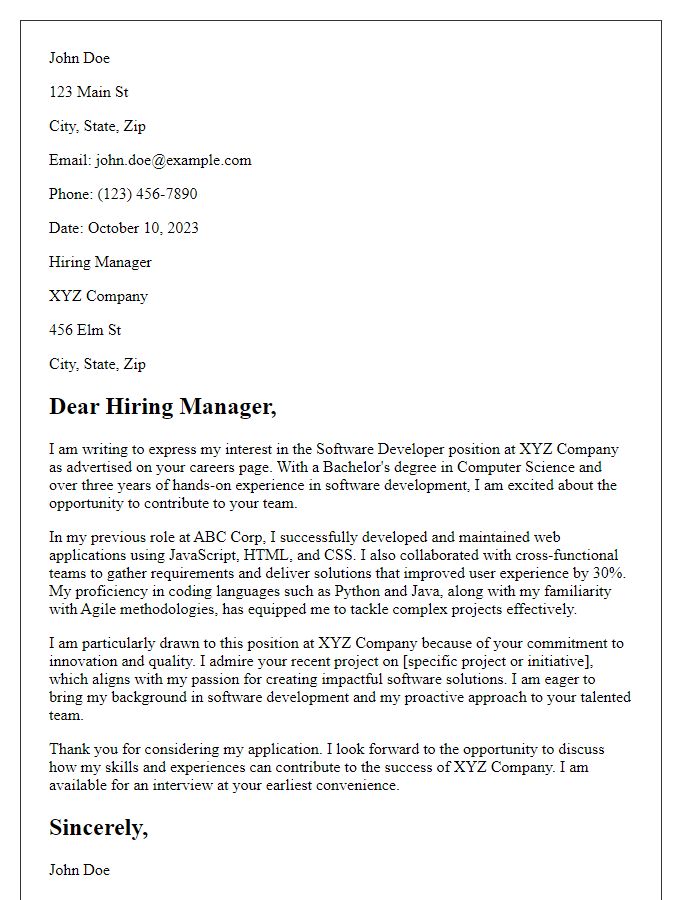 Letter template of cover letter for software developer role.