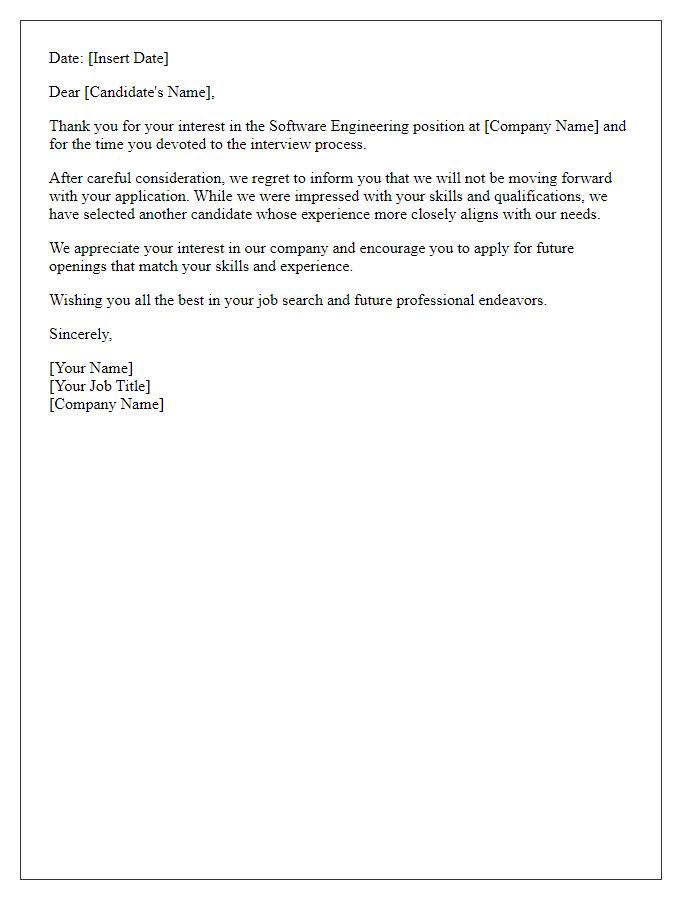 Letter template of rejection for software engineering position.