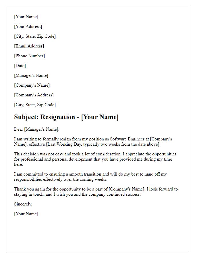 Letter template of resignation from software engineering role.