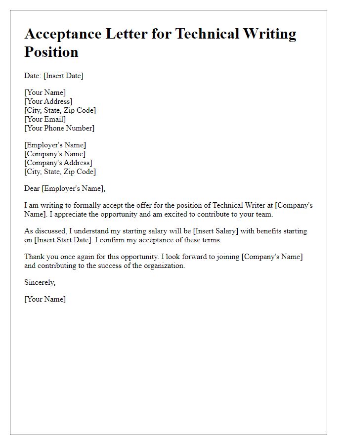 Letter template of acceptance for technical writing position offer.