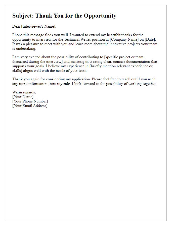 Letter template of follow-up note after technical writing interview.