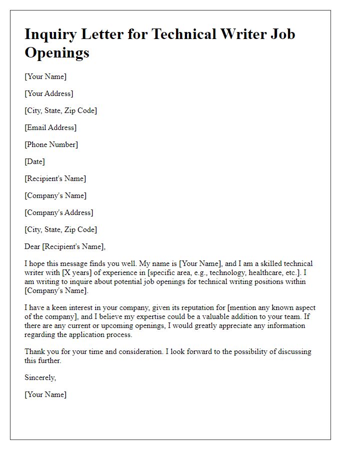 Letter template of inquiry for technical writer job openings.