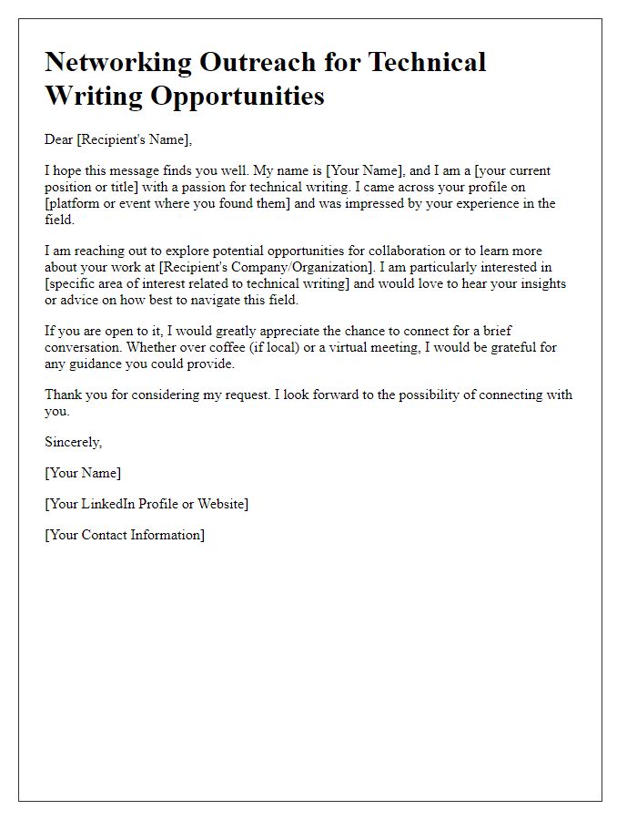 Letter template of networking outreach for technical writing opportunities.