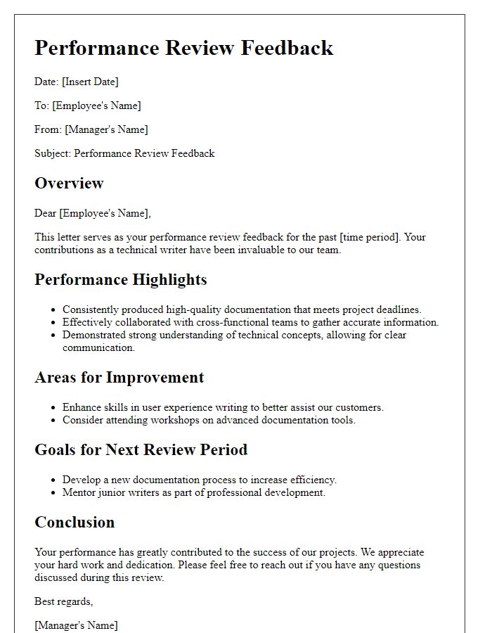 Letter template of performance review feedback for technical writers.