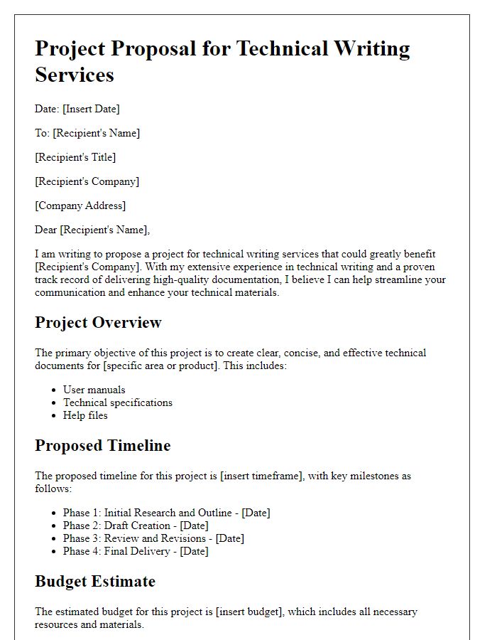 Letter template of project proposal for technical writing services.