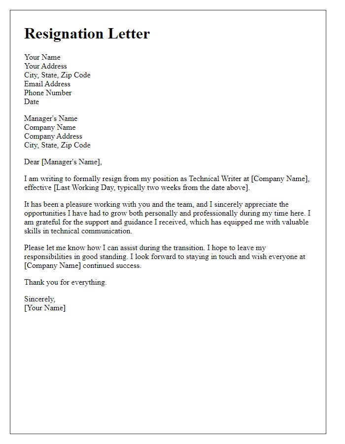 Letter template of resignation from technical writing job.