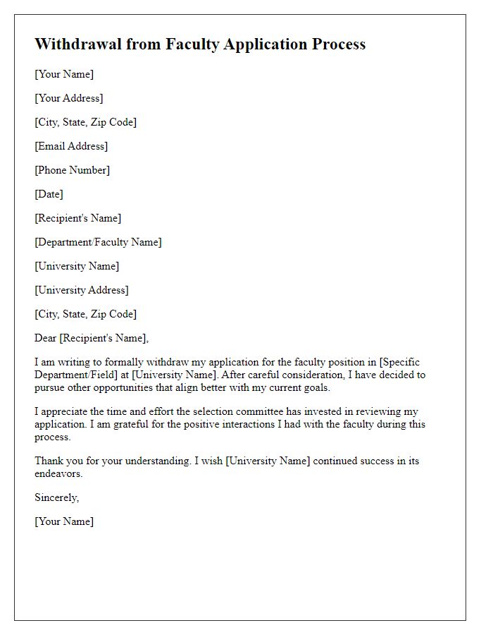 Letter template of withdrawal from faculty application process