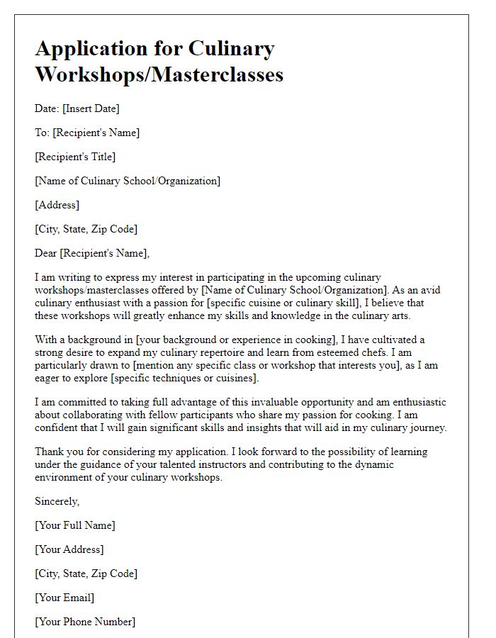 Letter template of culinary arts application for culinary workshops or masterclasses.