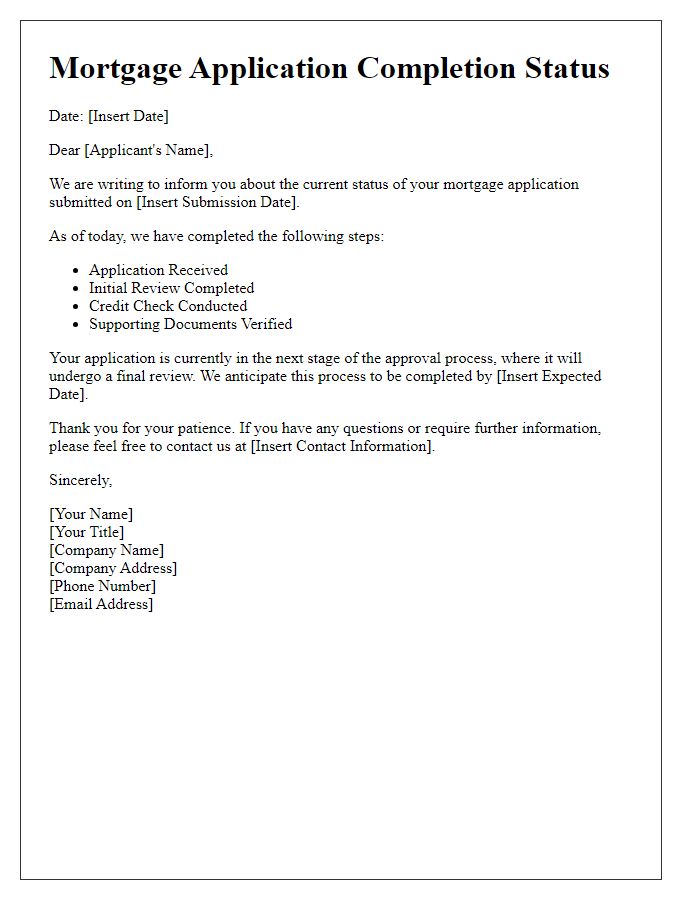 Letter template of mortgage application completion status