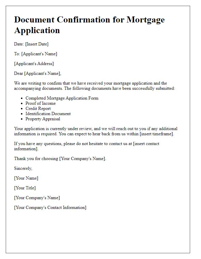 Letter template of mortgage application document confirmation