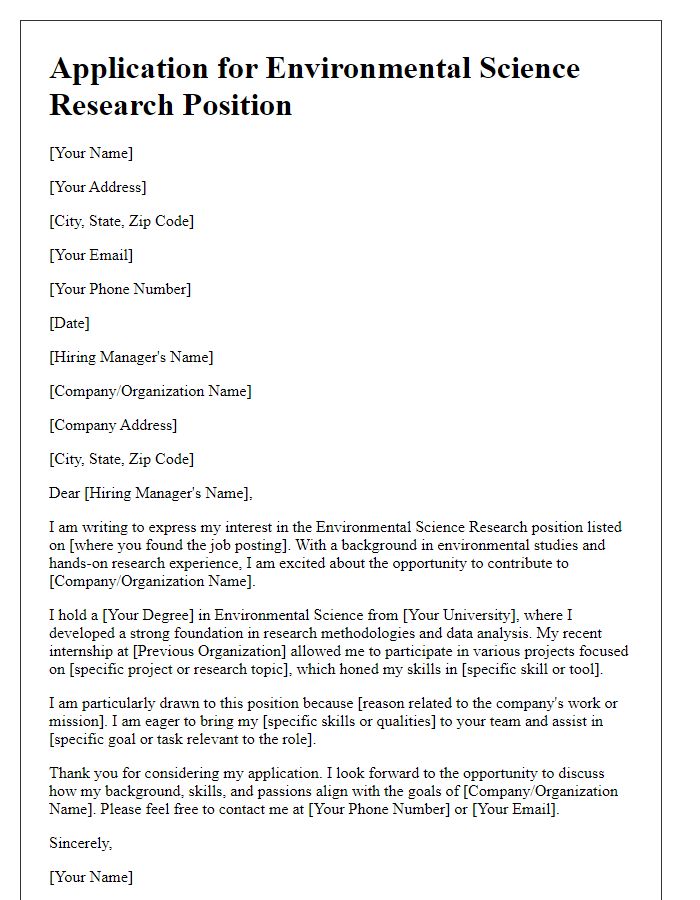 Letter template of application for an environmental science research position