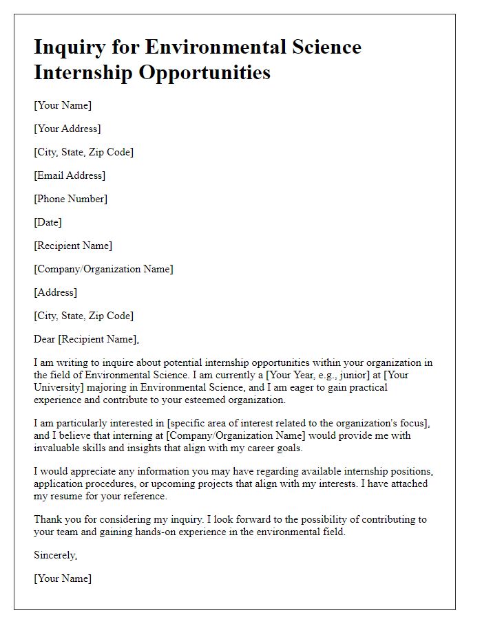 Letter template of inquiry for environmental science internship opportunities