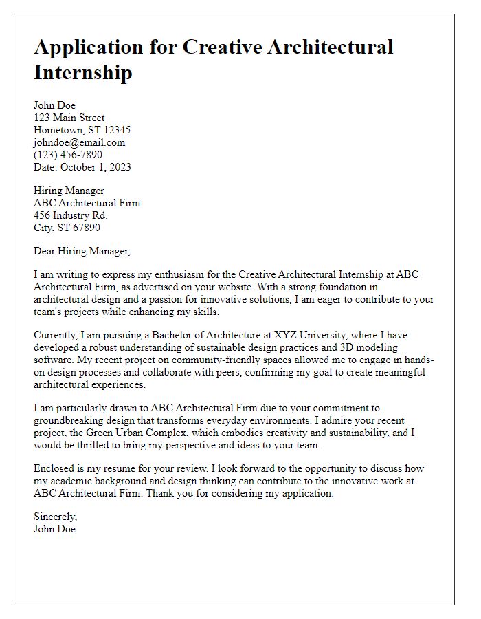 Letter template of creative architectural internship application