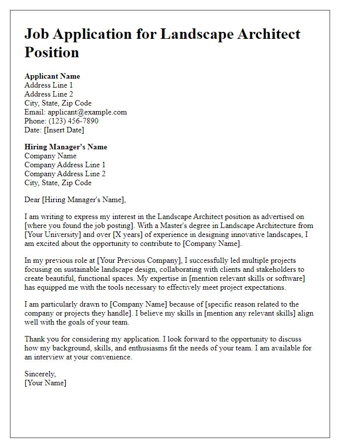 Letter template of landscape architect job application