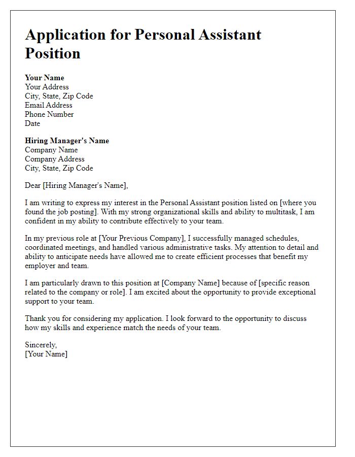 Letter template of application for personal assistant position