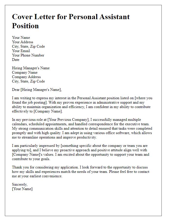 Letter template of personal assistant cover letter