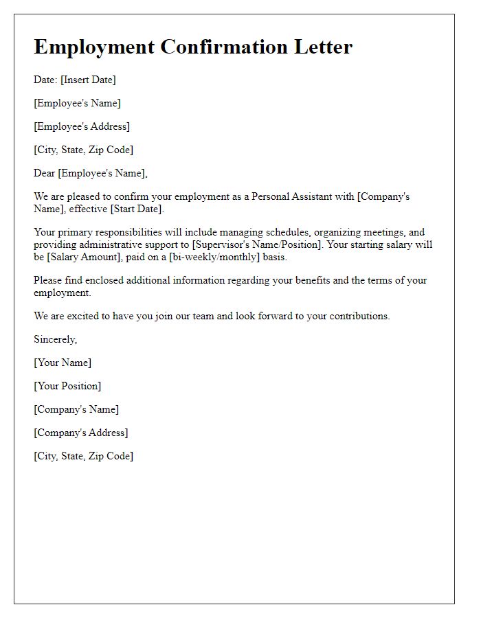 Letter template of personal assistant employment confirmation