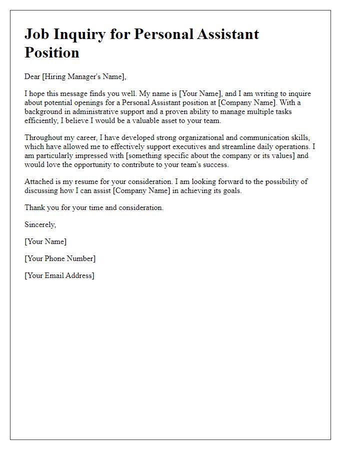 Letter template of personal assistant job inquiry