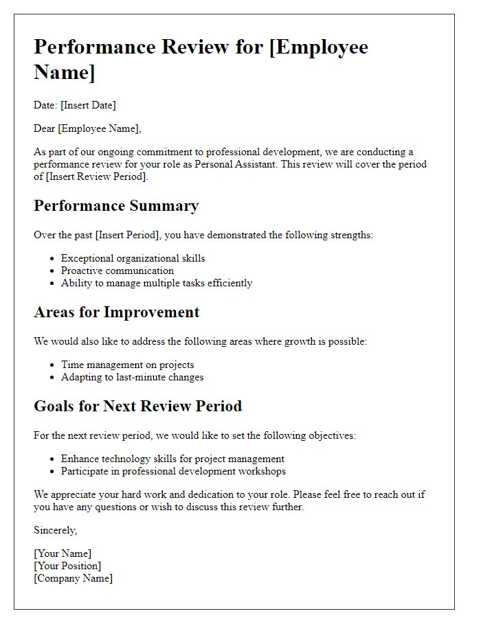 Letter template of personal assistant performance review