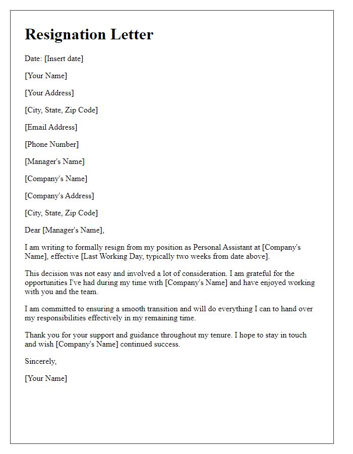 Letter template of personal assistant resignation