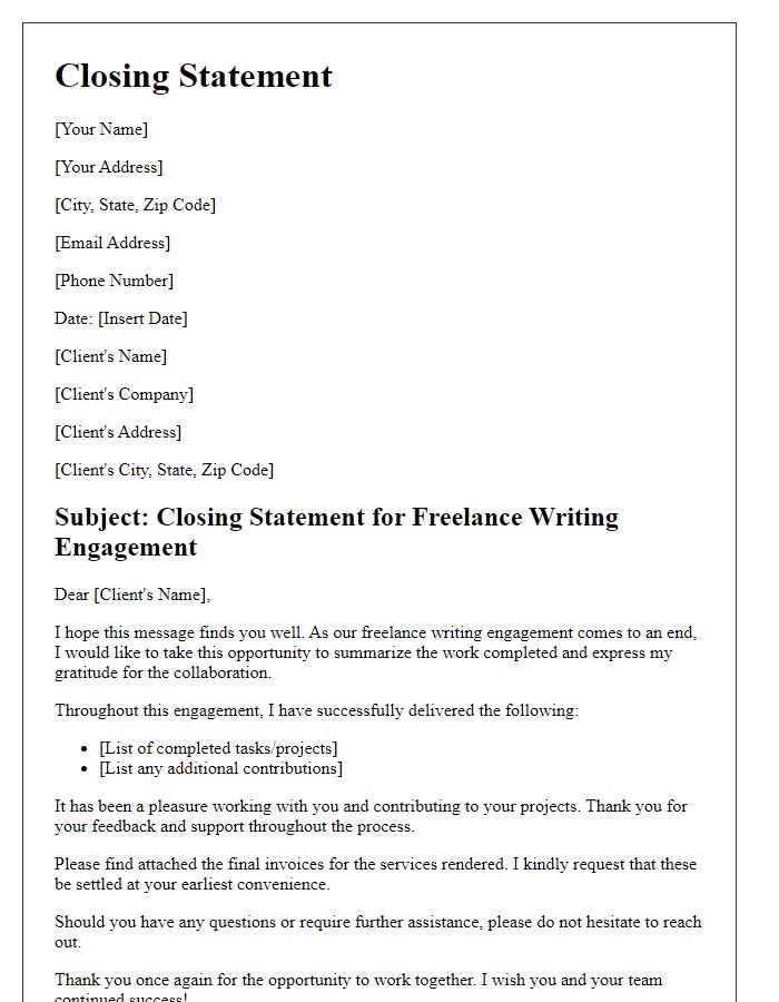 Letter template of closing statement for freelance writing engagement