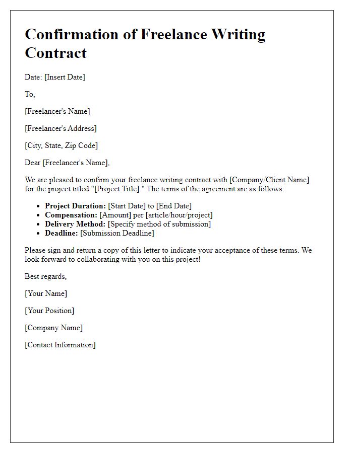 Letter template of confirmation for freelance writing contract