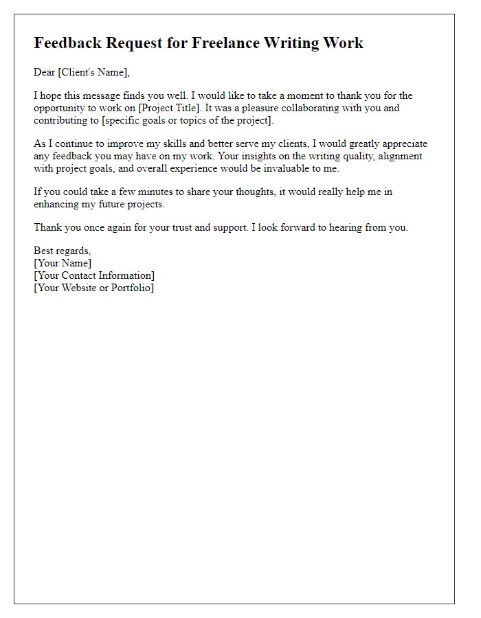 Letter template of feedback request for freelance writing work