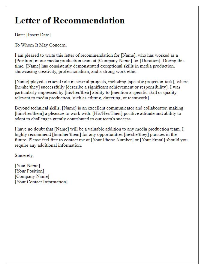 Letter template of recommendation for media production professional