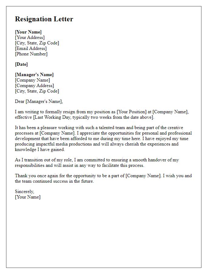 Letter template of resignation from media production position