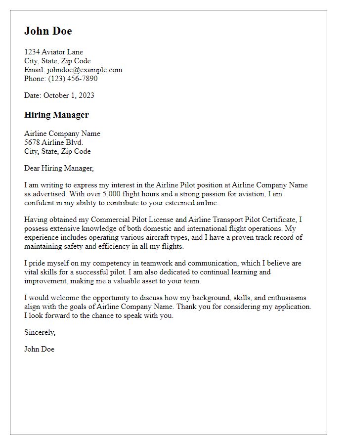 Letter template of cover letter for airline pilot role