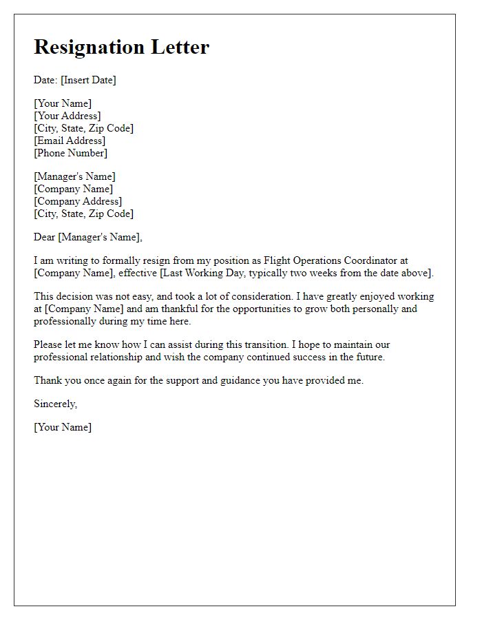 Letter template of resignation for flight operations coordinator