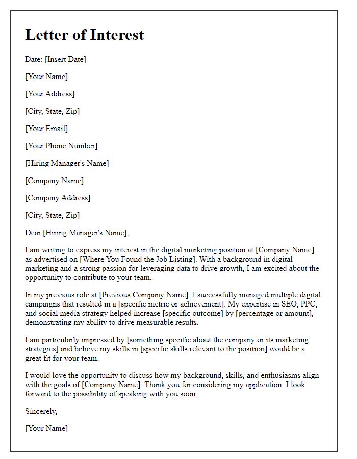 Letter template of interest for digital marketing position