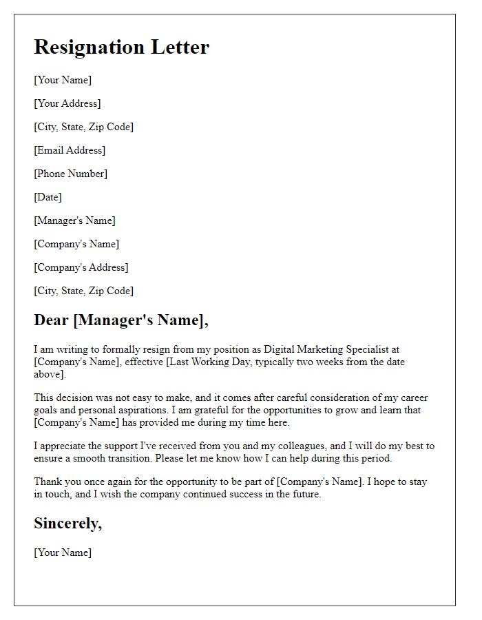 Letter template of resignation from digital marketing position