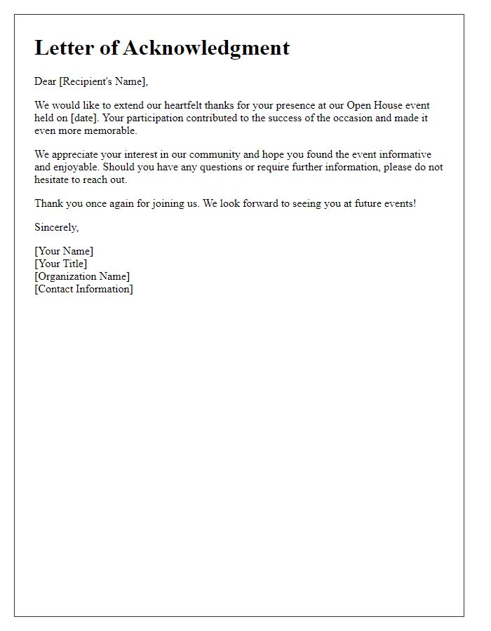 Letter template of acknowledgment for your presence at the open house