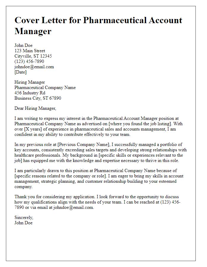 Letter template of cover letter for pharmaceutical account manager