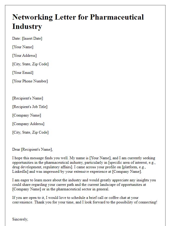 Letter template of networking for pharmaceutical industry positions