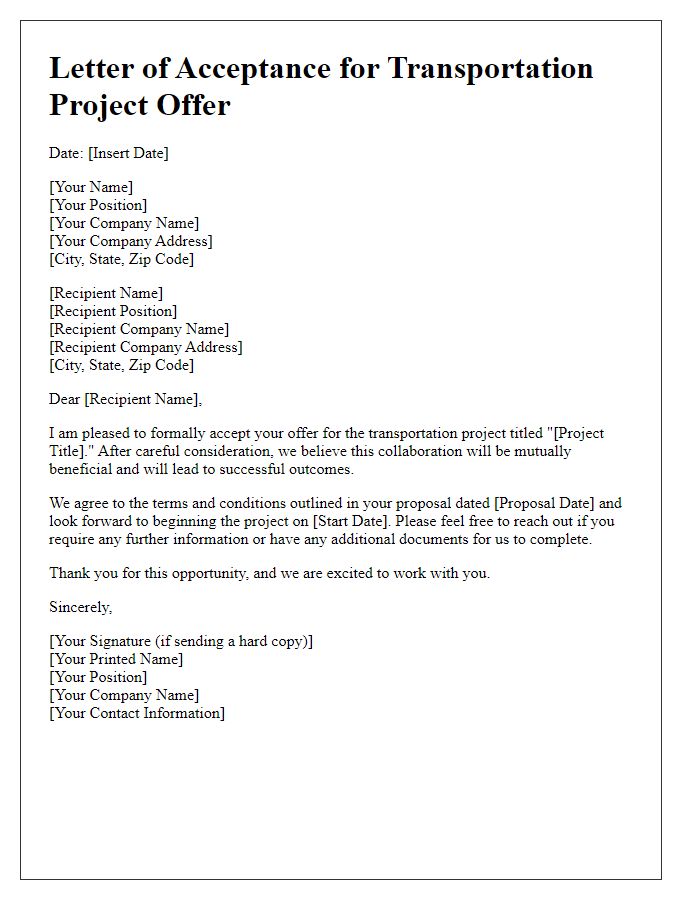 Letter template of acceptance for transportation project offer