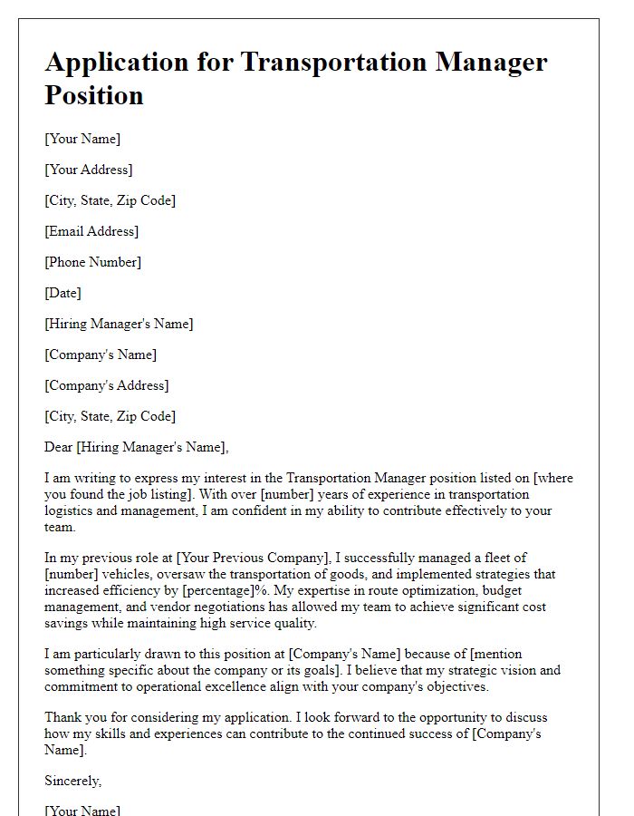 Letter template of application for transportation manager position