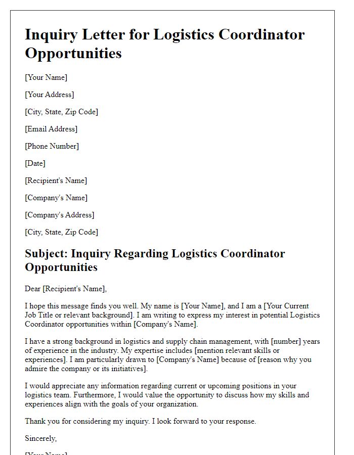 Letter template of inquiry for logistics coordinator opportunities