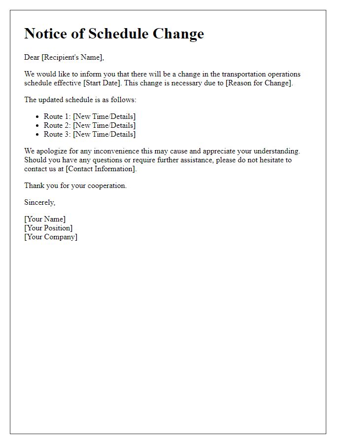 Letter template of notice for schedule change in transportation operations