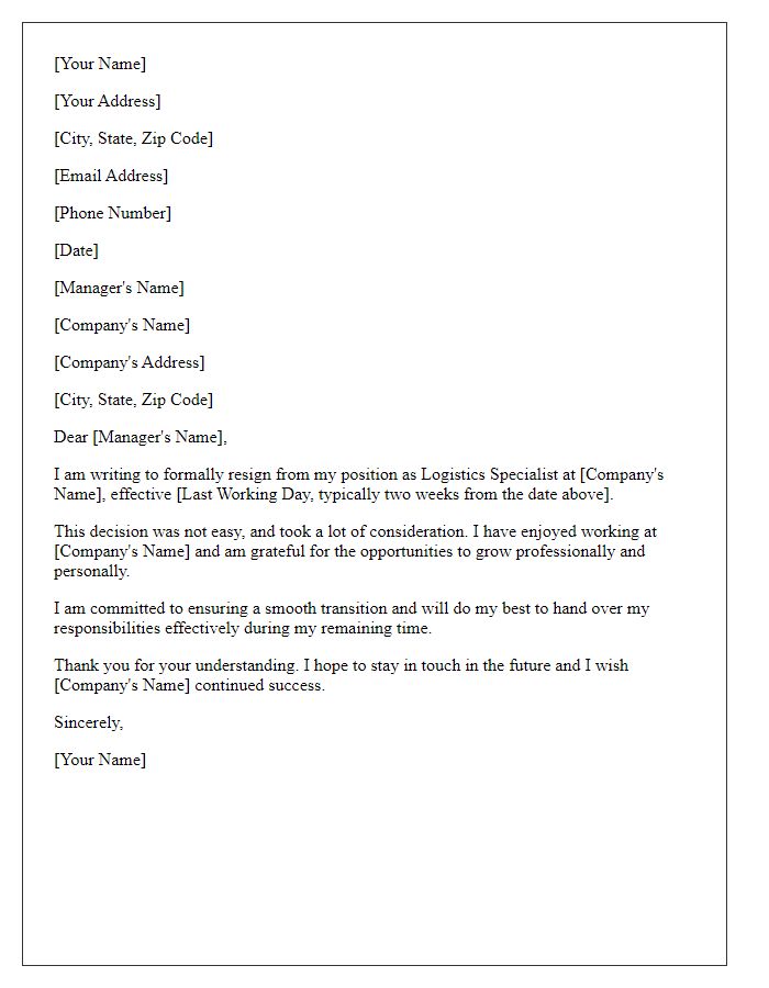 Letter template of resignation for logistics specialist role