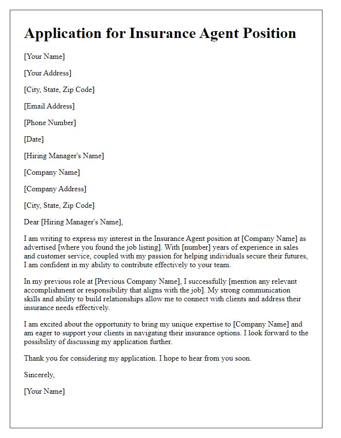 Letter template of application for insurance agent position.