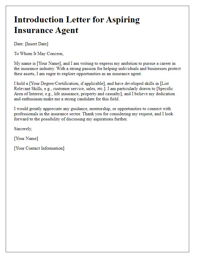 Letter template of introduction for aspiring insurance agents.