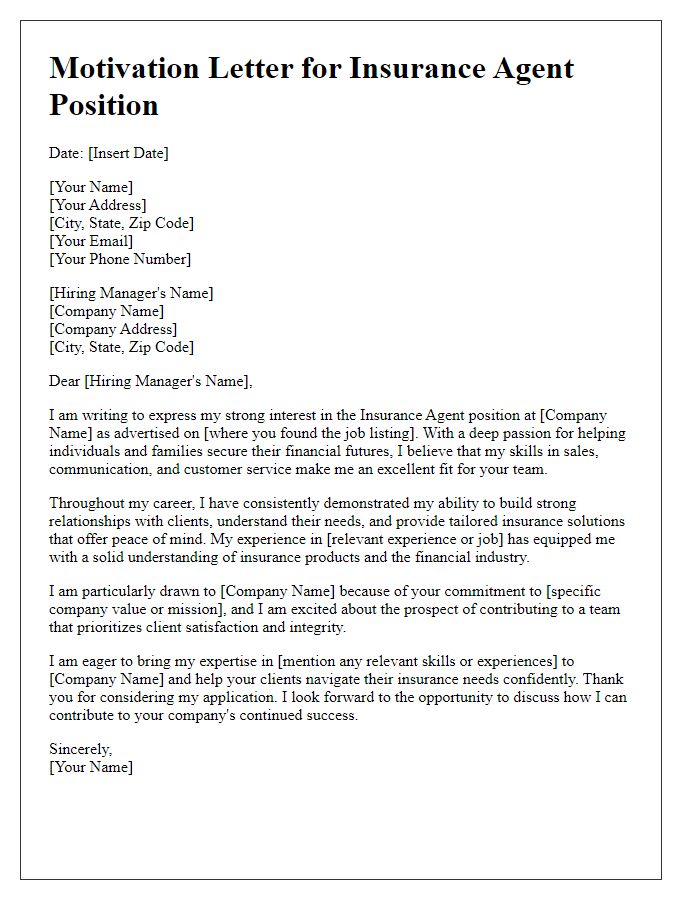 Letter template of motivation for applying as an insurance agent.