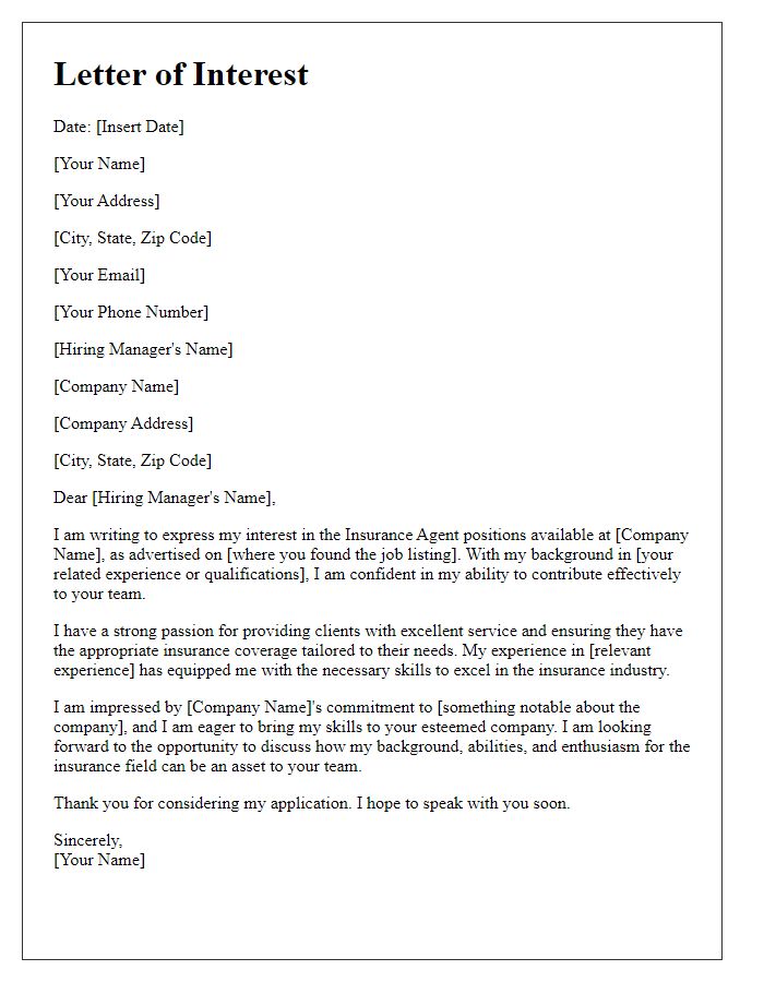 Letter template of professional interest in insurance agent jobs.